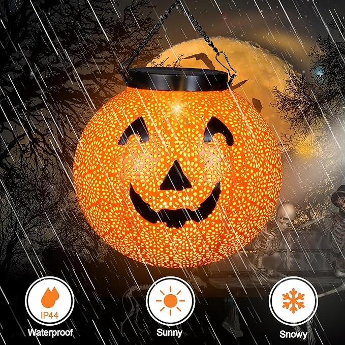 Halloween Solar Hanging Lights Outdoor - Solar Metal Halloween Lantern Decor, Solar Powered Led Waterproof Decorative Round Hanging Light for Garden, Yard, Patio, Pathway, Porch