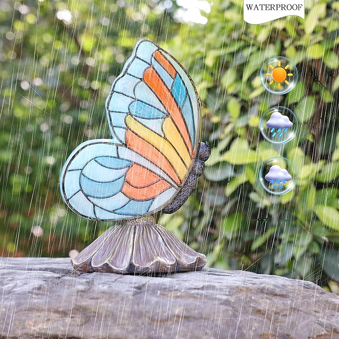 Solar Butterfly Garden Statues,Butterfly Decor for Outdoor,Resin Colorful Butterflies Figurine with Solar Light for Patio,Balcony,Yard,Lawn Ornament,Perfect Garden Gift