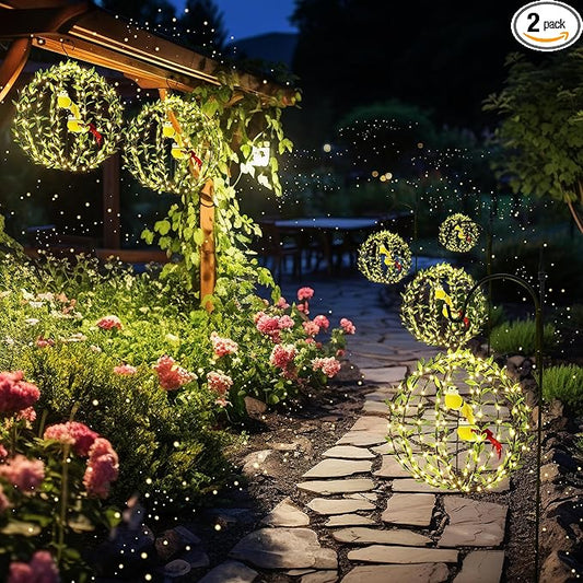 Joomer Solar Lights Outdoor, 2 Pack 12in 120 LED Solar Hanging Light Balls Outdoor, 8 Modes Waterproof Foldable Metal Sphere Light with Hook for Outside Hanging - Warm White(Ball with Green Leaf+Bird)