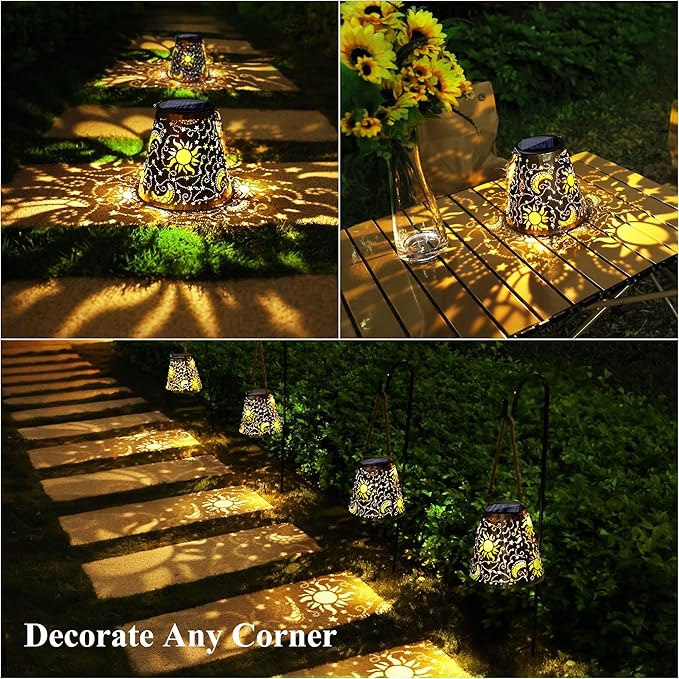 Toodour Solar Lantern Outdoor, Upgrade Hanging Solar Lights Garden Decor, Waterproof Hollow Out Retro Metal Sun & Moon Decorative Lights for Patio, Balcony, Yard, Walkway