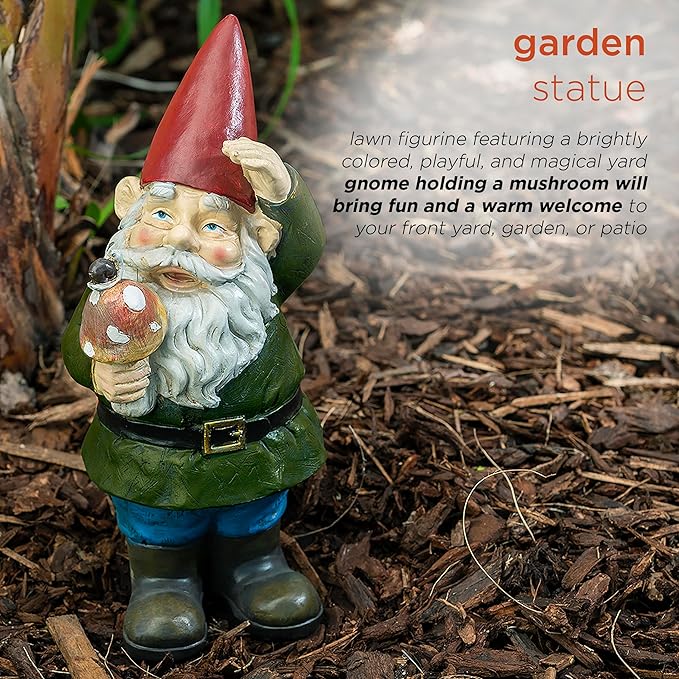 Alpine Corporation 12" Tall Outdoor Garden Gnome with Mushroom Yard Statue Decoration