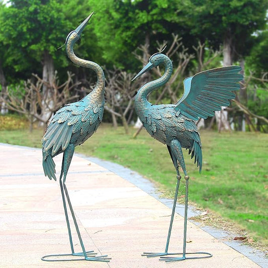 33-37 Inch Metal Crane Garden Statue Décor, Bird Garden Sculpture & Statues, Outdoor Decoration for Yard Patio Lawn Backyard Pool, Vintage Spread Wings Crane, Set of 2