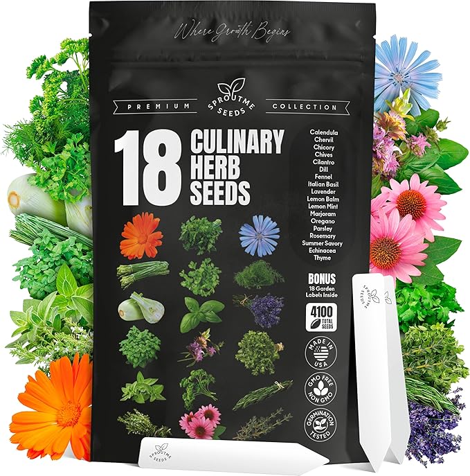 18 Culinary Seeds Variety Pack - Herb Garden Starter Kit with Plant Markers | 4100+ Non-GMO Heirloom Herb Seeds for Indoor, Outdoor Planting: Basil, Cilantro, Parsley, Oregano, Rosemary & Thyme Seeds