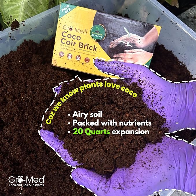 Gro-Med Coco Coir Brick 2s Pack – 1.4 lb Each,Expands to 20 Quarts, Enriched with NPK, Organic Potting Soil Mix for Plants, Seed Starting,Herbs,Flowers and Ideal Reptile Bedding for Snakes & Terrarium