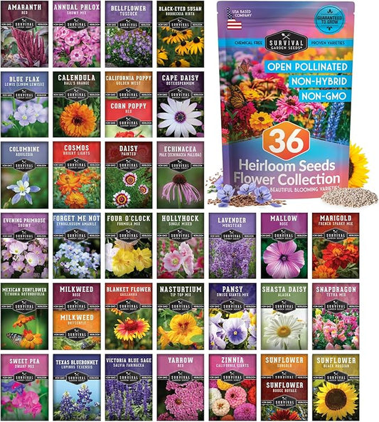 Survival Garden Seeds Functional Flowers Garden Kit - 36 Pack Starter Collection - Bee, Butterfly, Hummingbird, Pollinator Friendly Annual & Perennial Open-Pollinated Heirloom Flower Seed Varieties