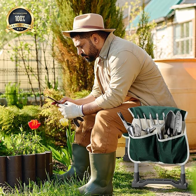 Garden Kneeler and Seat with Soft Foam Pad - Six Gardening Tools - Bags and Gloves -Gardenig Work Seats - Gardening Supplies - Gardening Gifts for Men and Women - Garden Kneeling Bench with Handles.
