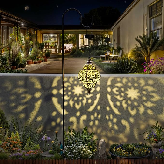 Hanging Solar Lights Outdoor Garden Decor Solar Lantern Waterproof Plastic Moroccan Outdoor Decorations for Patio Pathway Yard Backyard Garden Decorative (1 Pack, Bronze)