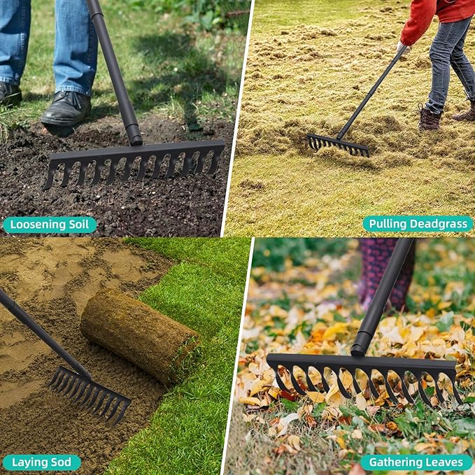60 Inch Rake for Gardening Leveling Rake Heavy Duty Rake Tool with 12 Tines Adjustable Long Handle Thatch Rake for Loosening Soil Leveling Mulch Gathering Leaves, Black