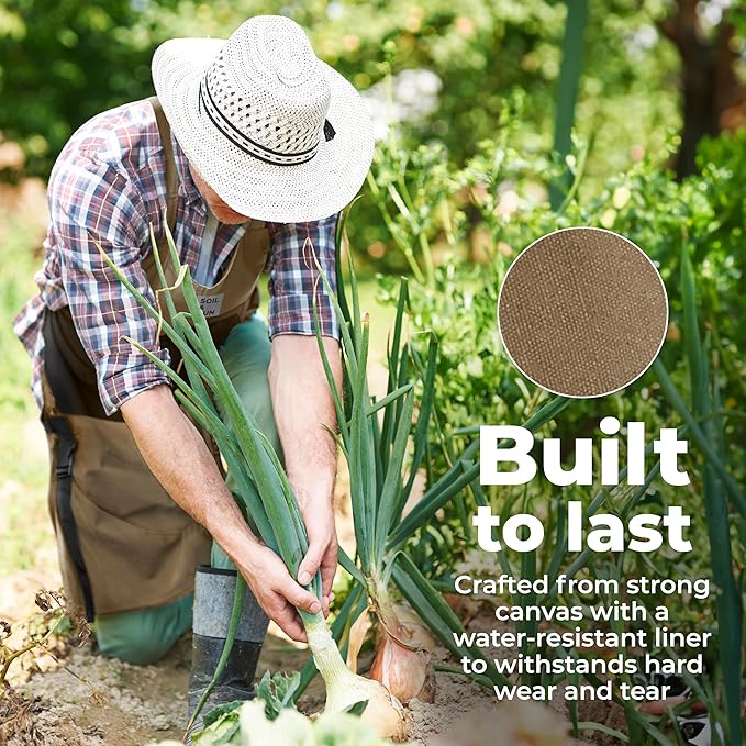 Soil & Sun Gardening Apron with Pockets and Harvesting Pouch - Durable Canvas Design for Men and Women - Convenient Tool Storage and Effortless Harvesting (Dark Beige)