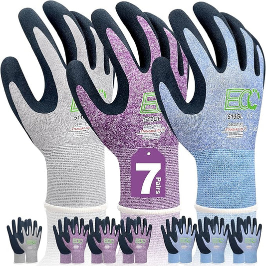 7 Pairs Women Gardening Gloves, EN388 2131X Outdoor Protective Work Gloves with Breathable Micro-Foam Coating for Gardening, General Purpose, Courtyard, 3 Purple + 3Blue +1 Grey