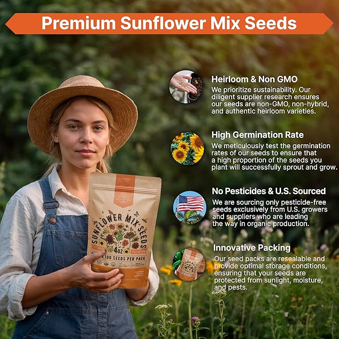 Sunflower Mix Seeds Pack 4 oz - Over 5,100 Non-GMO Heirloom Sunflower Seeds for Planting, Annual Flowers in Individual Seed Packet, Sunflower Seeds for Planting Home Garden Indoor & Outdoor Gardening