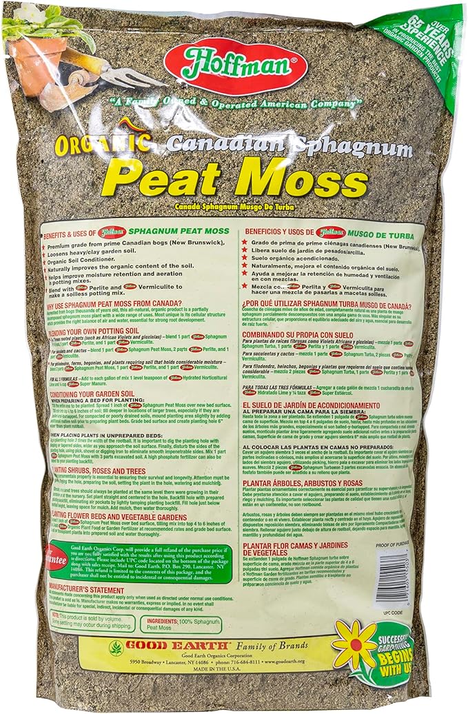Hoffman Canadian Sphagnum Peat Moss Soil Conditioner to Improve Moisture Retention and Aeration, 10qt Bag, Pack of 2
