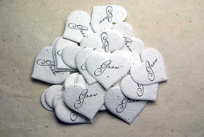 Of The Earth Handmade Paper - Wildflower Seed Paper Small Heart Tags - Calligraphy Variations - 1.75" X 1.5" - Set of 50 (Grow)