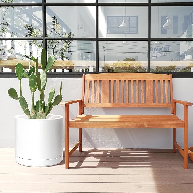 D'vine Dev 14 Inch Ceramic Planter Pot with Drainage Hole and Saucer, Indoor Cylinder Round Planter Pot, White, 94-O-G-1