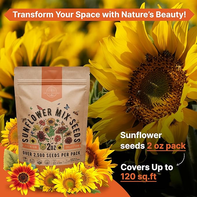 Sunflower Mix Seeds Pack 2 oz - Over 2,500 Non-GMO Heirloom Sunflower Seeds for Planting, Annual Flowers in Individual Seed Packet, Sunflower Seeds for Planting Home Garden Indoor & Outdoor Gardening