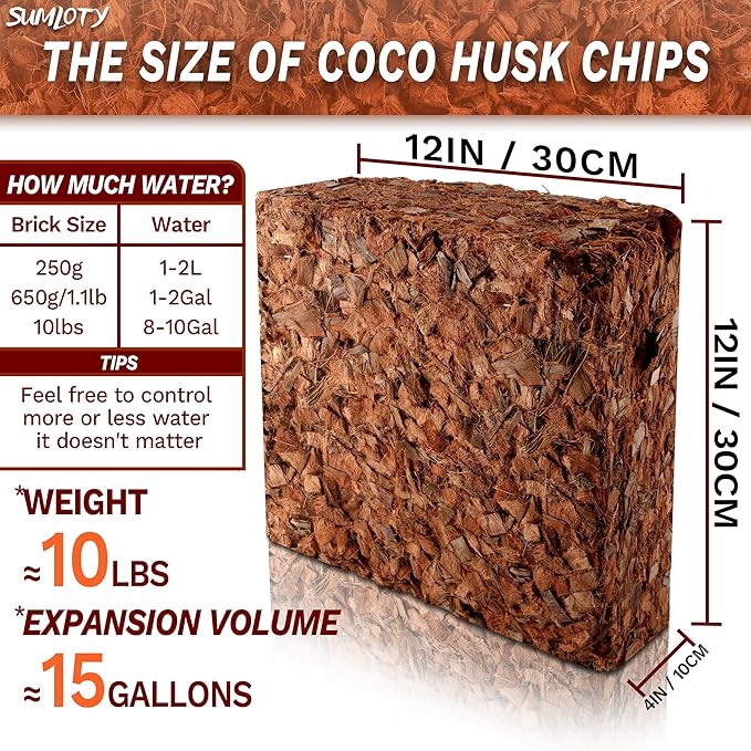 Coco Chips for Plant - 10LB Organic Coconut Husk Chips with Low EC & PH Balanced, High Expansion Coconut Substrate Coco Husk Mulch for Garden, Flowers and Reptile