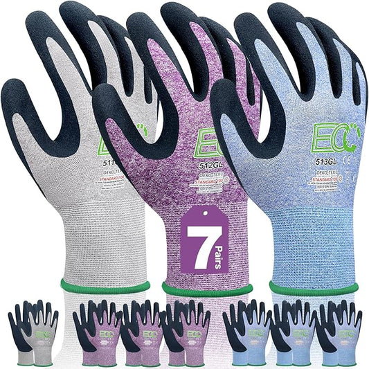 7 Pairs Women Gardening Gloves, EN388 2131X Outdoor Protective Work Gloves with Breathable Micro-Foam Coating for Gardening, General Purpose, Courtyard, 3 Purple + 3Blue +1 Grey