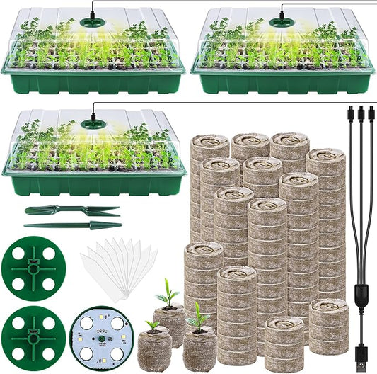 3 Pack Seed Starter Tray Kit with Grow Light Germination Trays with Humidity Dome, 120 Peat Pellets, Gardening Tools, Plant Labels, Plant Growing Trays for Seeds Growing Starting, Green