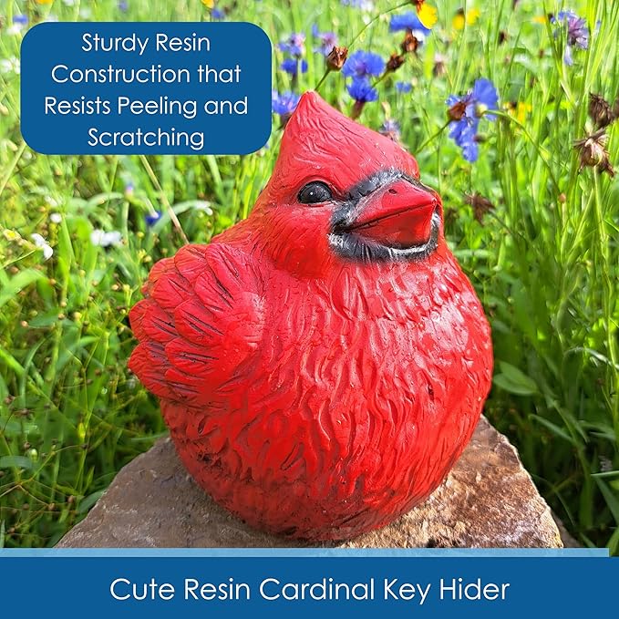 Stocky Cardinal Garden Statue and Key Hider - Hides a Secret Extra Hidden Key Outside in Garden, Yard or Porch