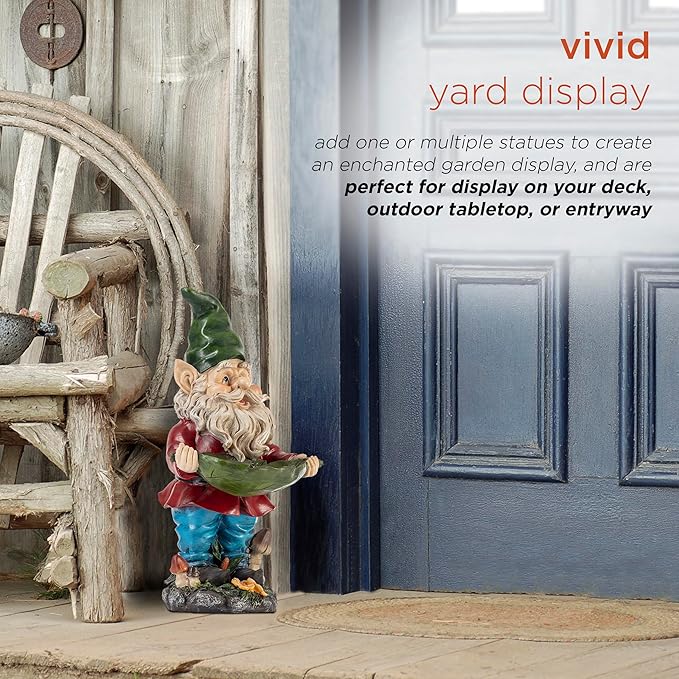 Alpine Corporation 16" Tall Outdoor Garden Gnome and Bird Feeder Yard Statue Decoration