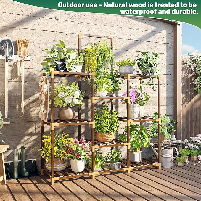 EnHomee Plant Stand Indoor Tall Plant Stand Outdoor Large Wood Plant Shelf Indoor for 12 Pots Plants,3-tiers Plant Holder for Patio Living Room Gardening Balcony 34.5" Wx47.3 Hx11.78 D