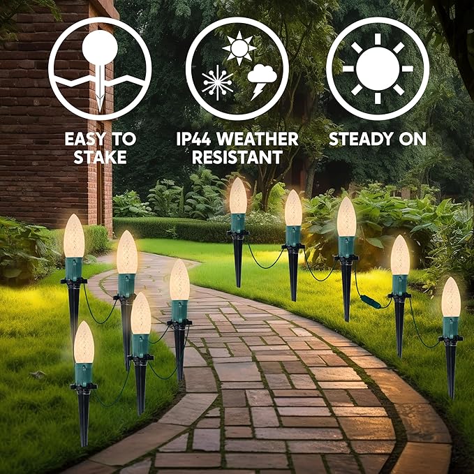 Joiedomi 30.75FT C9 Christmas Pathway Marker Lights, 24 LED Strawberry Stake Warm White Outdoor Faceted Walkway Decor with Connectable for Holiday Xmas Yard Garden Lawn
