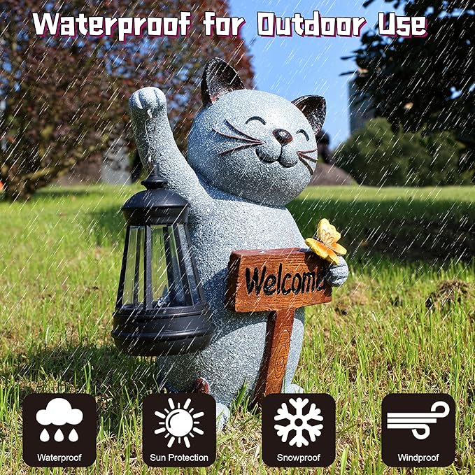 Juegoal Garden Statue Solar Cat Figurine with Lantern, 10" Resin Kitten Outdoor Lawn Porch Yard Art, Lighted Christmas Birthday Gifts for Mom Grandma