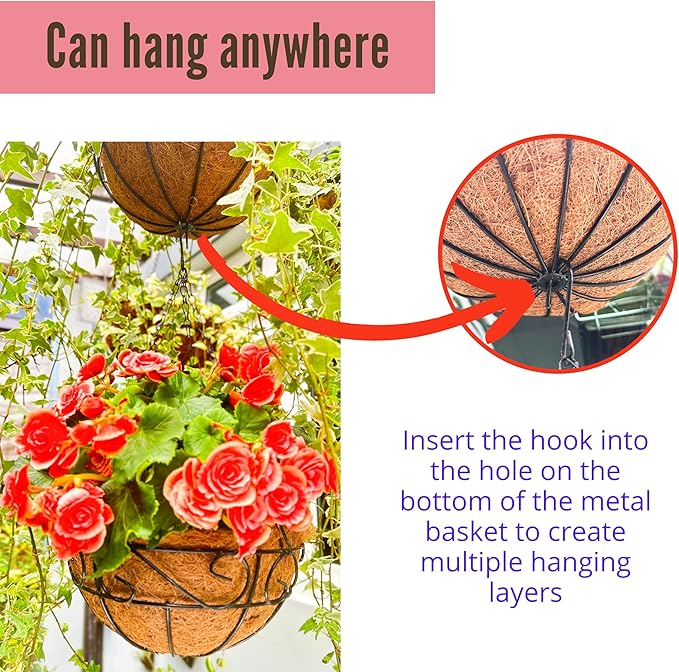 LaLaGreen Hanging Planter for Outdoor Plants (2 Pack, 12 Inch) Hanging Baskets with Coco Liner, Metal Wire Flower Basket Pots with Hook Hanger Balcony Porch Farmhouse Country Style Garden Decor