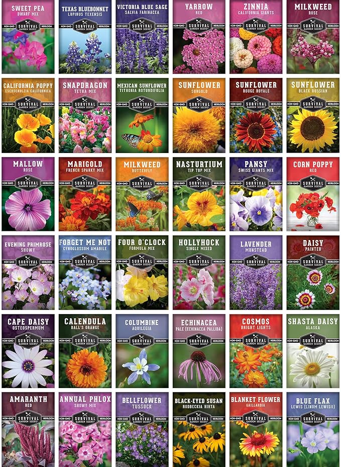 Survival Garden Seeds Functional Flowers Garden Kit - 36 Pack Starter Collection - Bee, Butterfly, Hummingbird, Pollinator Friendly Annual & Perennial Open-Pollinated Heirloom Flower Seed Varieties