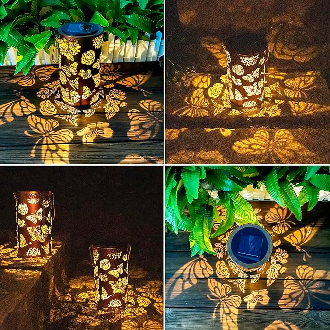 Butterfly Solar Gardening Gifts Lanterns Decorative Outdoor, Flower Pattern Solar Hanging Lights Waterproof, Garden Decor for Women Mom Grandma, Yard Gifts for Patio, Pathway, Landscape
