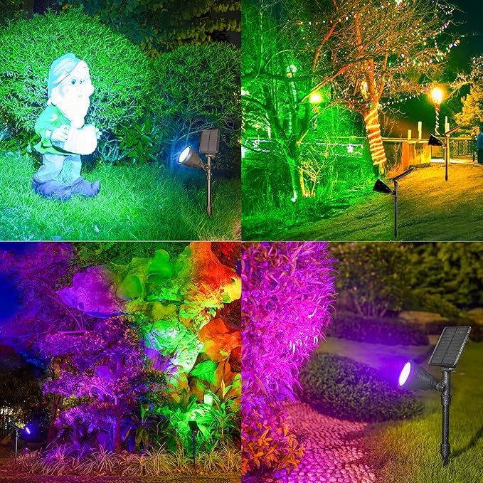 Solar Outdoor Spotlights - 18 LED, 600 Lumens, Waterproof, 7 Colors Adjustable for Year Round Patio, Garden, and Landscape Festive Lighting (2 Pack)