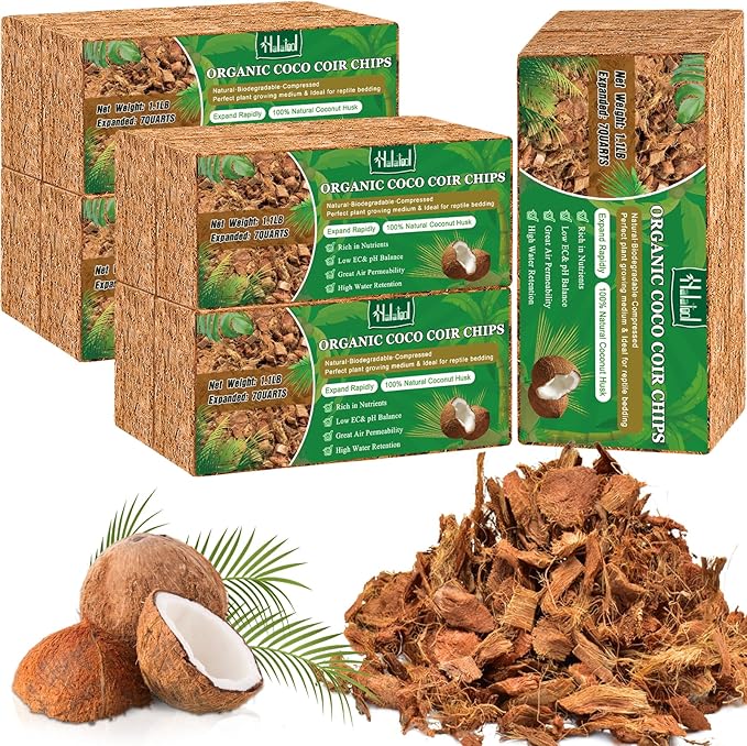 Halatool 10 Pcs Coconut Coir Chips for Plants - 11 LB 100% Organic Coco Husk Chip Bricks with Low EC and pH Balanced, Compressed Coco Substrate Growing Mulch Medium for Garden Herbs, Plants, Flowers