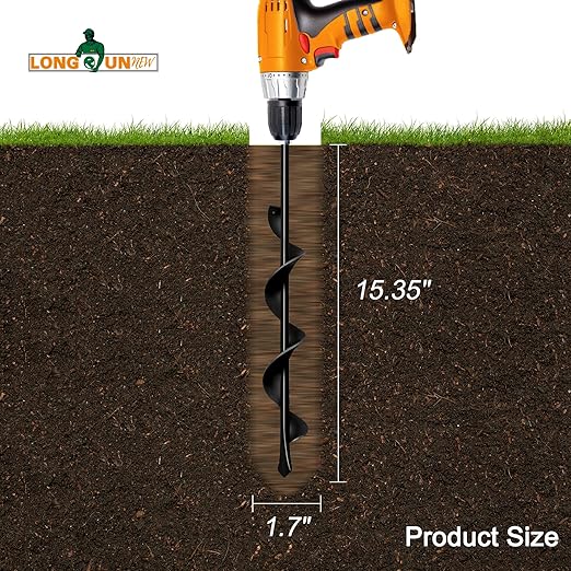 1.7"x15" Garden Auger Drill Bit for Planting Solid Shaft Bulb Auger, Heavy Duty Garden Auger Spiral Drill Bit for Auger Post Hole Digger,Plant Drill bit for 3/8” Hex Drive Drill