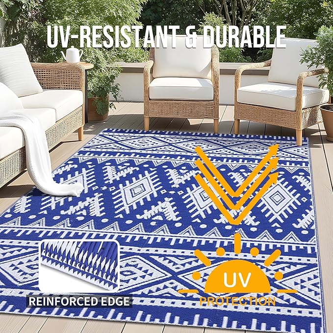 OLANLY Outdoor Rug Waterproof 4x6 ft, Reversible Outdoor Plastic Straw Rug, Boho Patio Rug, Indoor Outdoor Carpet, RV Mat Outside for Patio, Camp, Picnic, Balcony, Deck, Backyard, Blue & White