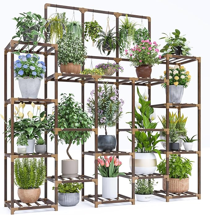EnHomee Plant Stand Indoor Tall Plant Stand Outdoor Large Wood Plant Shelf Indoor for 22 Pots Plants,4-tiers Plant Holder for Patio Living Room Gardening Balcony 55.9" Wx63.1 Hx11.78 D