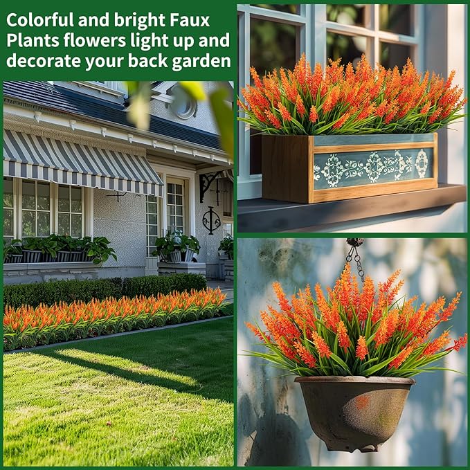 Artificial Flowers for Outdoor Plants 24 Bundles Fake Lavender Plastic Faux Monkey Grass for Verandah Window Garden Office Patio Front Porch UV Resistant for Planter(Orange)