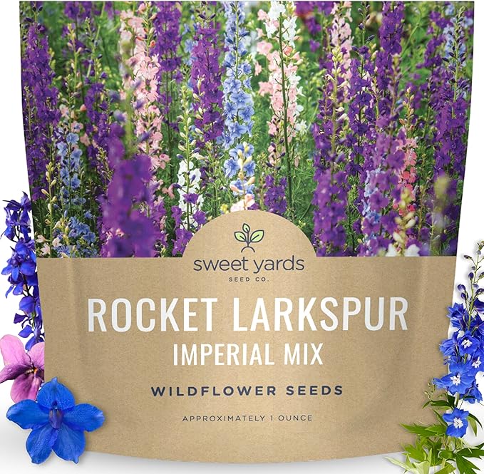 Rocket Larkspur - Imperial Mix - Large 1 Ounce Packet - 8,000 Flower Seeds for Planting - Consolida ajacis