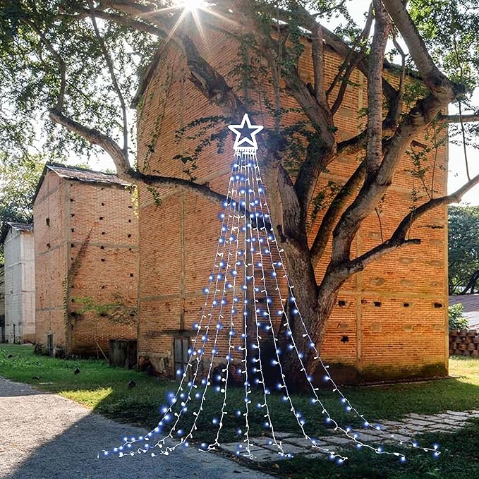 Christmas Decoration Lights, Outdoor Christmas String Lights 320 LED 11.5 Ft Waterfall Tree Lights with Big Star Topper 8 Light Modes for Christmas New Year Holiday Garden Yard Indoor Outdoor Decor