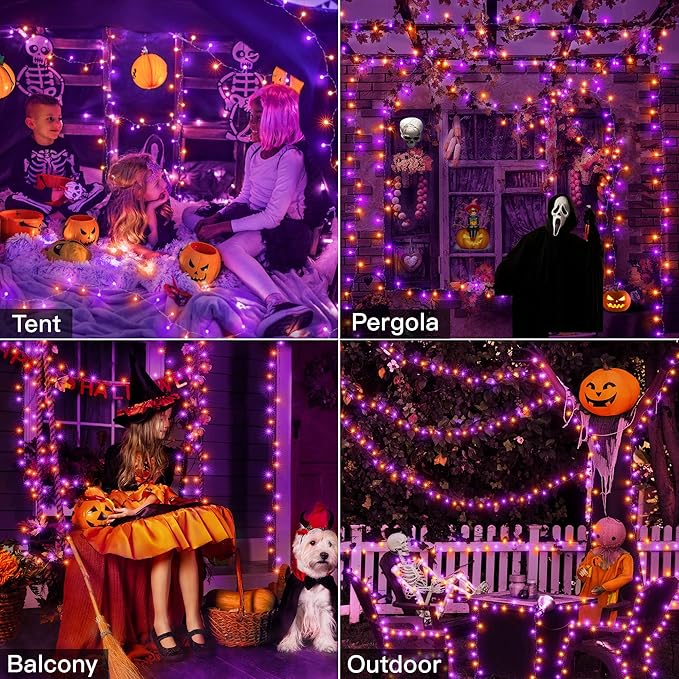 Ollny Halloween Outdoor String Lights - 60 FT 180 LED Orange and Purple Decorations, Waterproof Fairy Plug-in, 8 Modes and Timer for Party, Yard, Door, Christmas Decor