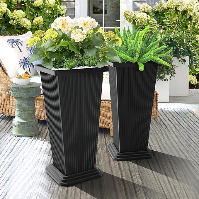 Set of 2 Large Tall Planter for Indoor or Outdoor 24" Tall Flower Pots Tapered Tall Planters with Tray for Porch, Patio, Backyard, Large Planters for Outdoor Indoor Plants(Black,Striped)