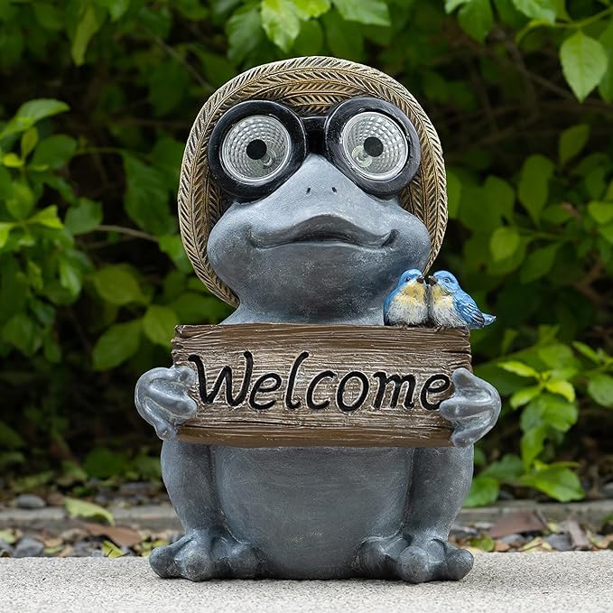 Garden Statue of Frog with Solar Light Eyes,Solar Decor Frog Outdoor Decorations,Frogs Figurine for Patio, Balcony, Yard, Lawn Ornament,Perfect Garden Gift,9.72inch