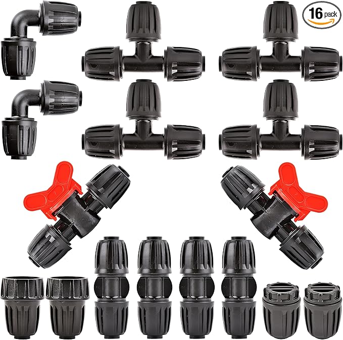 Drip Irrigation Fittings Kit Connectors for 1/2 Inch Tubing, Irrigation Tubing Fitting, Lock Caps Barbed Connectors - 2 Switch Valves,4 Couplings,4 Tee,2 End Plugs,2 Elbows,2 Thread Adapters