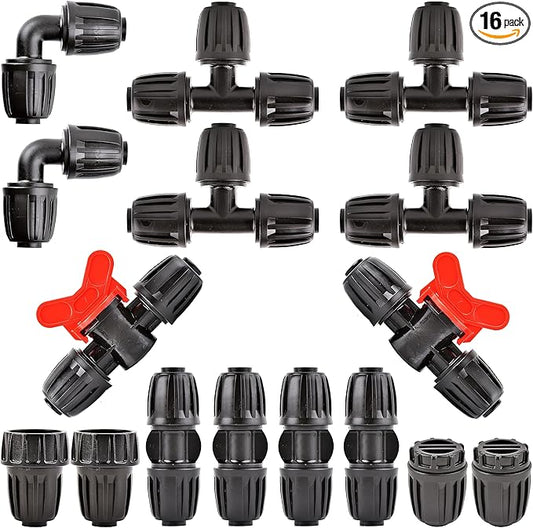 Drip Irrigation Fittings Kit Connectors for 1/2 Inch Tubing, Irrigation Tubing Fitting, Lock Caps Barbed Connectors - 2 Switch Valves,4 Couplings,4 Tee,2 End Plugs,2 Elbows,2 Thread Adapters