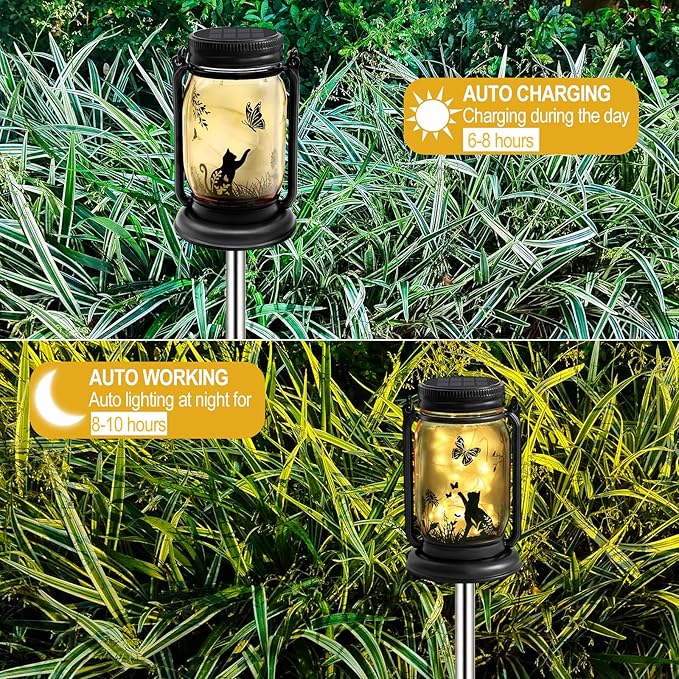 2 Pack Outdoor Hanging Solar Lantern, Cat & Dog Butterfly Vintage Glass Mason Jar, Birthday Mothers Day Gifts for Mom, Grandma, Women, Waterproof Garden lights for Patio Yard Lawn Tree Party Decor