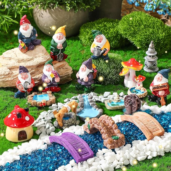 Unittype 19 Pcs Miniatures Fairy Gnome Resin Figures Garden Accessories Mushroom House Figures Fake Pond Lawn Bridge Figurines Terrarium Ornaments Garden Decoration for Outside(Gnome)