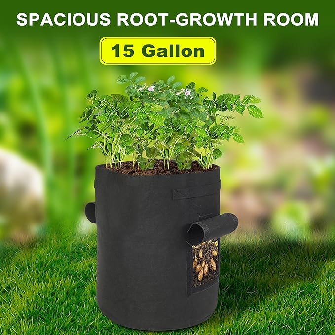 2-Pack 15-Gallon Grow Bags with 2 Flaps and Reinforced Handles,Non-Woven Potato Grow Bags, Heavy-Duty Thickened Aeration Fabric Pots for Potatoes, Tomatoes, Flowers, and Vegetables