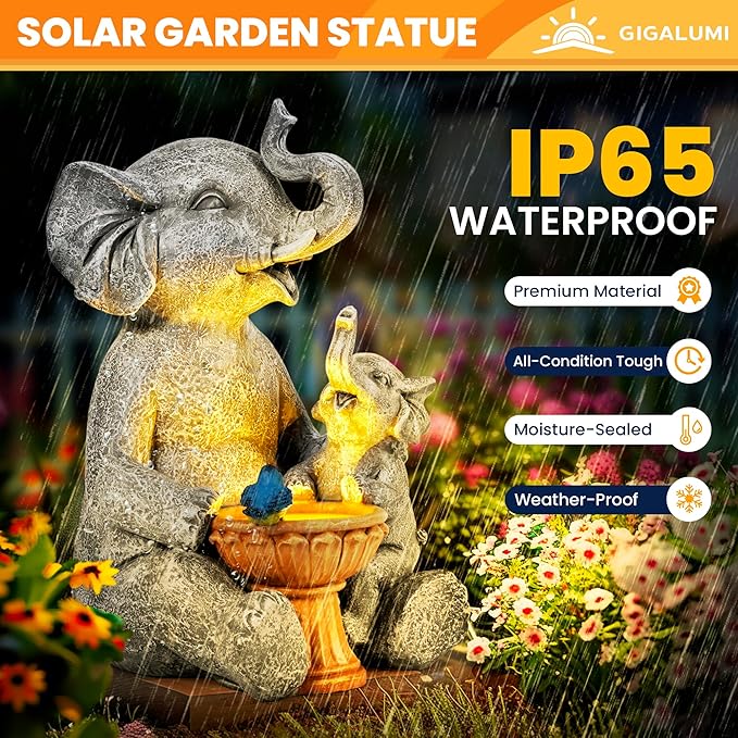 GIGALUMI Solar Garden Decor Bird Bath Elephant Statues Outdoor, Birthday Gifts for Women, Gifts for Mom Grandma Senior Elder, Elephant Ornament for Balcony, Garden, Patio, Yard, Lawn
