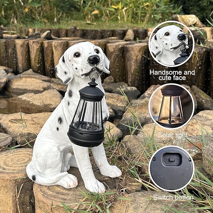 NASKY The Resin Handicraft Solar - Powered Hanging Lamp in The Shape of A Simulated Puppy of The Courtyard is Suitable for Places Such As Courtyards, Gardens and Balconies (Spotted Dog)