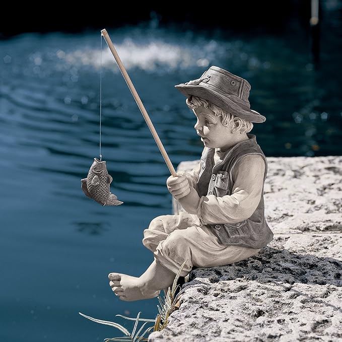 Design Toscano Frederic the Little Fisherman of Avignon Boy Fishing Garden Statue, 15 Inch Tall, Cast Stone Resin, Two Tone Stone Finish