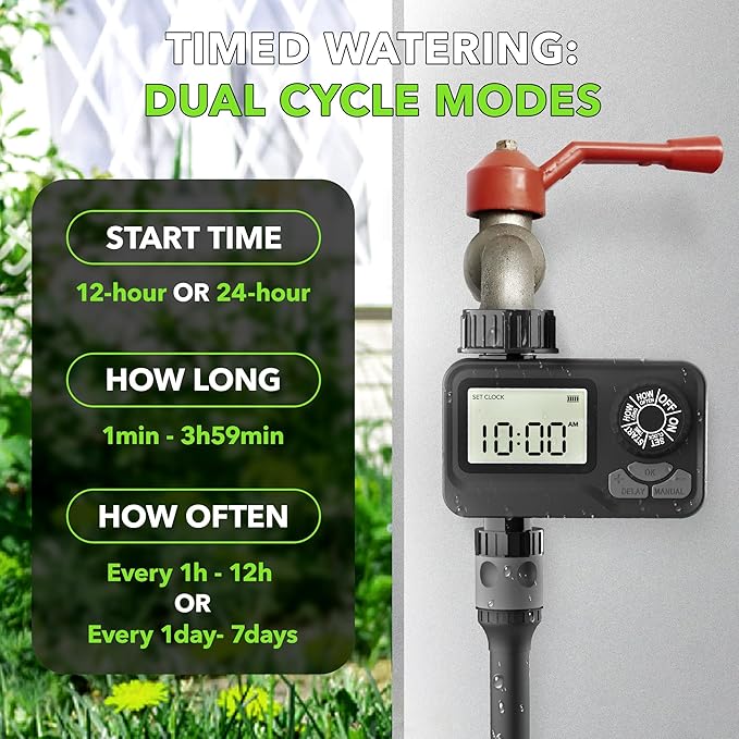 BN-LINK Sprinkler Timer Outdoor, Programmable Water Timer with Rain Delay, Automatic Irrigation System for Lawns & Garden Hoses - Waterproof Manual Controller with Large LCD Display, 1 Outlet